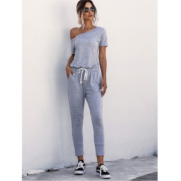 Contrast Tie Short Sleeve Grey Jumpsuit - Picture 2 of 16